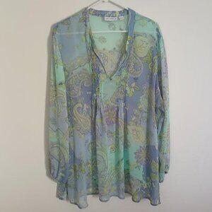SUSAN GRAVER WOMEN'S TOP SHEER MINT LAVENDER PAISLEY LONG SLEEVE PINTUCK SIZE 2X
